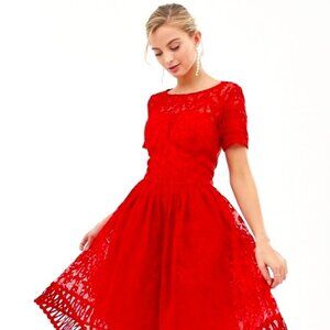Chi Chi London Premium Lace Prom Dress with Cutwork Hem in Red (Used - Like New)